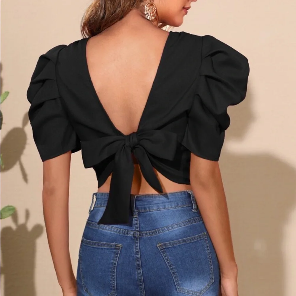 Open Back Tie Puff Sleeve Ruched Classic Top Blouse - Picture 5 of 16